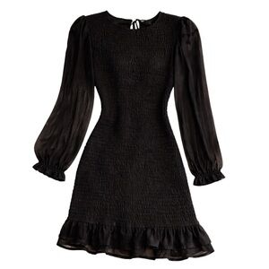 Idem Ditto Black Smocked Mini Dress Sheer Sleeve Ruffle Hem Date Night Party